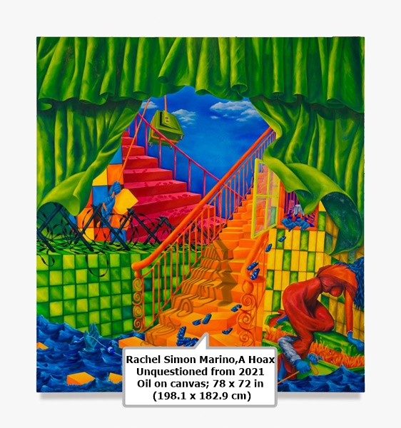 click to enlarge- double click to reduce Rachel Simon Marino,A Hoax Unquestioned from 2021 Oil on canvas; 78 x 72 in (198.1 x 182.9 cm)
