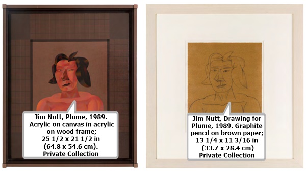 click to enlarge- double click to reduce Jim Nutt, Plume, 1989. Acrylic on canvas in acrylic on wood frame; 25 1/2 x 21 1/2 in (64.8 x 54.6 cm). Private Collection.
Jim Nutt, Drawing for Plume, 1989. Graphite pencil on brown paper; 13 1/4 x 11 3/16 in (33.7 x 28.4 cm) Private Collection.