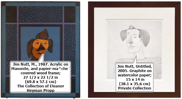 click to enlarge- double click to reduce Jim Nutt, M., 1987. Acrylic on Masonite, and papier-mâché covered wood frame; 27 1/2 x 22 1/2 in (69.8 x 57.1 cm) The Collection of Eleanor Heyman Propp.
Jim Nutt, Untitled, 2005. Graphite on watercolor paper; 15 x 14 in (38.1 x 35.6 cm) Private Collection.