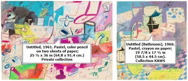 click to enlarge- double click to reduce Peter Saul, Untitled, 1961. Pastel, color pencil on two sheets of paper; 25 ½ x 36 in (64.8 x 91.4 cm.) Private collection
Untitled (Bathroom), 1960. Pastel, crayon on paper; 19 7/8 x 17 ½ in (50.5 x 44.5 cm). Collection KAWS