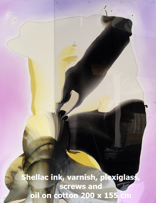 click to enlarge- double click to reduce Silke Albrecht
traces (2), 2021
Shellac ink, varnish, plexiglass, screws and oil on cotton
200 x 155 cm