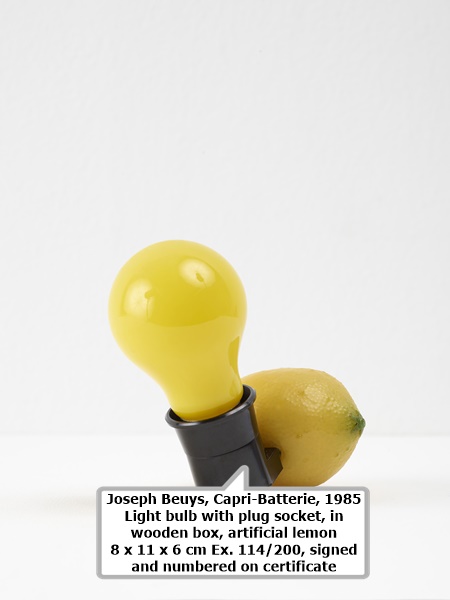 Joseph Beuys
Capri-Batterie, 1985
Light bulb with plug socket, in wooden box, artificial lemon
8 x 11 x 6 cm
Ex. 114/200, signed and numbered on certificate