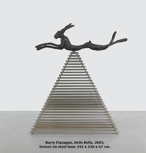 click to enlarge- double click to reduce Barry Flanagan. Hells Bells, 2005, bronze on steel base 242 x 220 x 67 cm.