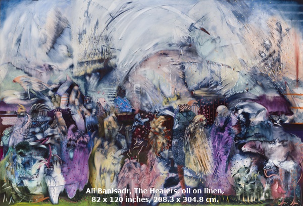 click to enlarge- double click to reduce Ali Banisadr, The Healers, oil on linen, 82 x 120 inches, 208.3 x 304.8 cm.