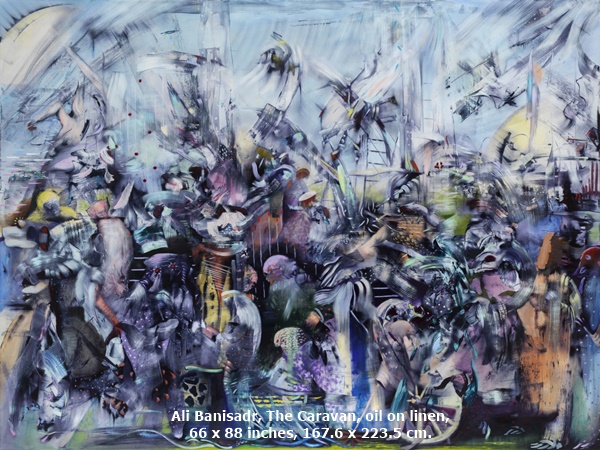click to enlarge- double click to reduce Ali Banisadr, The Caravan, oil on linen, 66 x 88 inches, 167.6 x 223.5 cm.