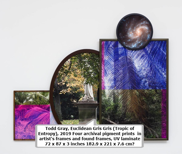 click to enlarge- double click to reduce Todd Gray
Euclidean Gris Gris (Tropic of Entropy), 2019
Four archival pigment prints in artist's frames and found frames, UV laminate
72 x 87 x 3 inches
182.9 x 221 x 7.6 cm