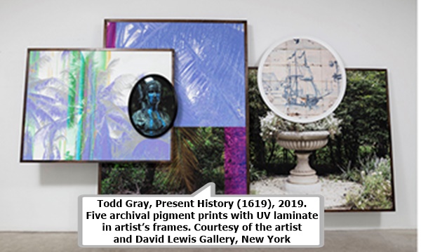 click to enlarge- double click to reduce Todd Gray, Present History (1619), 2019. Five archival pigment prints with UV laminate in artist’s frames. Courtesy of the artist and David Lewis Gallery, New York; Fair Game (Keep your head to the sky), 2020. Four archival pigment prints with UV laminate, found frame and artist’s frames. Courtesy of the artist and David Lewis Gallery, New York.
