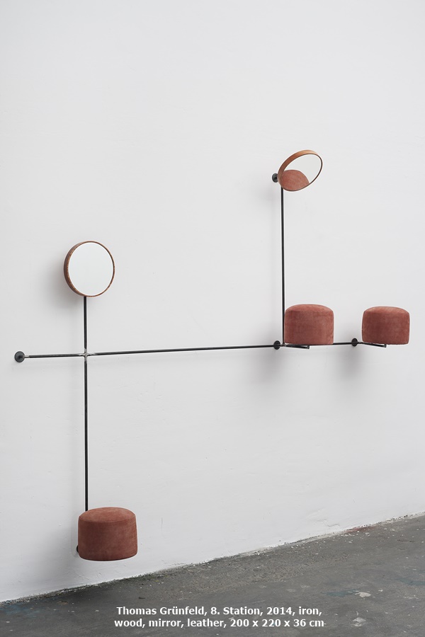 click to enlarge- double click to reduce Thomas Grünfeld, 8. Station, 2014, iron, wood, mirror, leather, 200 x 220 x 36 cm