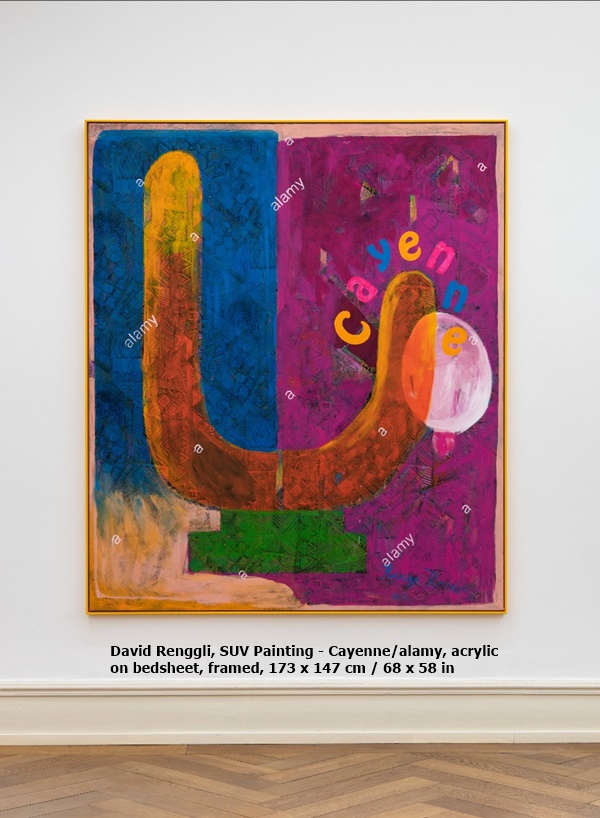 David Renggli, SUV Painting - Cayenne/alamy, acrylic on bedsheet, framed, 173 x 147 cm / 68 x 58 in