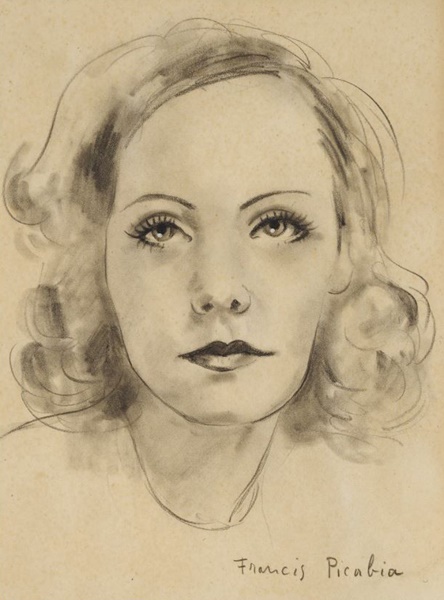 click to enlarge- double click to reduce Francis Picabia, Untitled (Portrait de Greta Garbo), ca. 1940–1942
Gouache, charcoal, pencil on paper
10 3/4 x 8 1/4 inches (27 x 21 cm)