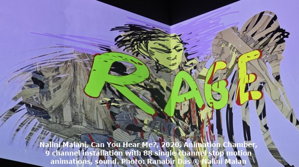 click to enlarge- double click to reduce Nalini Malani, Can You Hear Me?, 2020, Animation Chamber, 9 channel installation with 88 single channel stop motion animations, sound. Photo: Ranabir Das © Nalini Malani