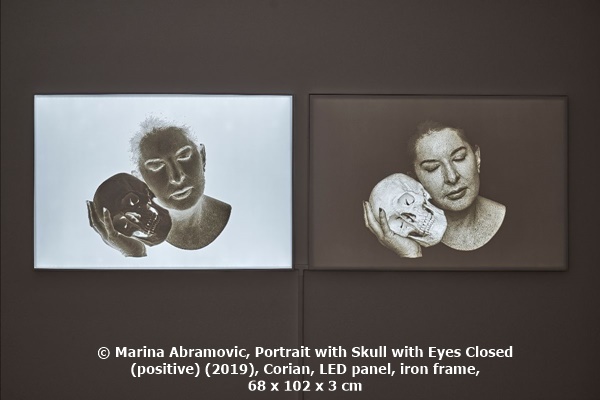 click to enlarge- double click to reduce © Marina Abramovič, Portrait with Skull with Eyes Closed (positive) (2019), Corian, LED panel, iron frame, 68 x 102 x 3 cm