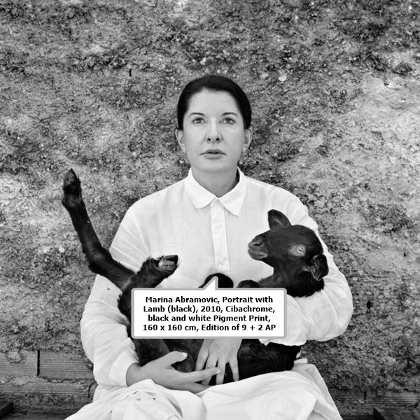 click to enlarge- double click to reduce Marina Abramović, Portrait with Lamb (black), 2010, Cibachrome, black and white Pigment Print, 160 x 160 cm, Edition of 9 + 2 AP