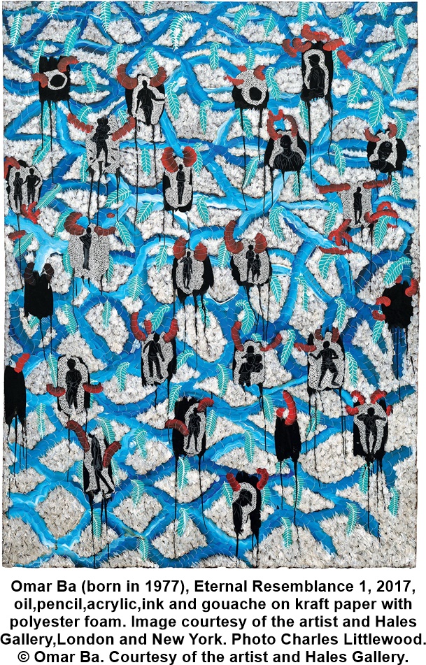 Omar Ba (born in 1977), Eternal Resemblance 1, 2017, oil, pencil, acrylic, ink and gouache on kraft paper with polyester foam. Image courtesy of the artist and Hales Gallery, London and New York. Photo Charles Littlewood. © Omar Ba. Courtesy of the artist and Hales Gallery.
