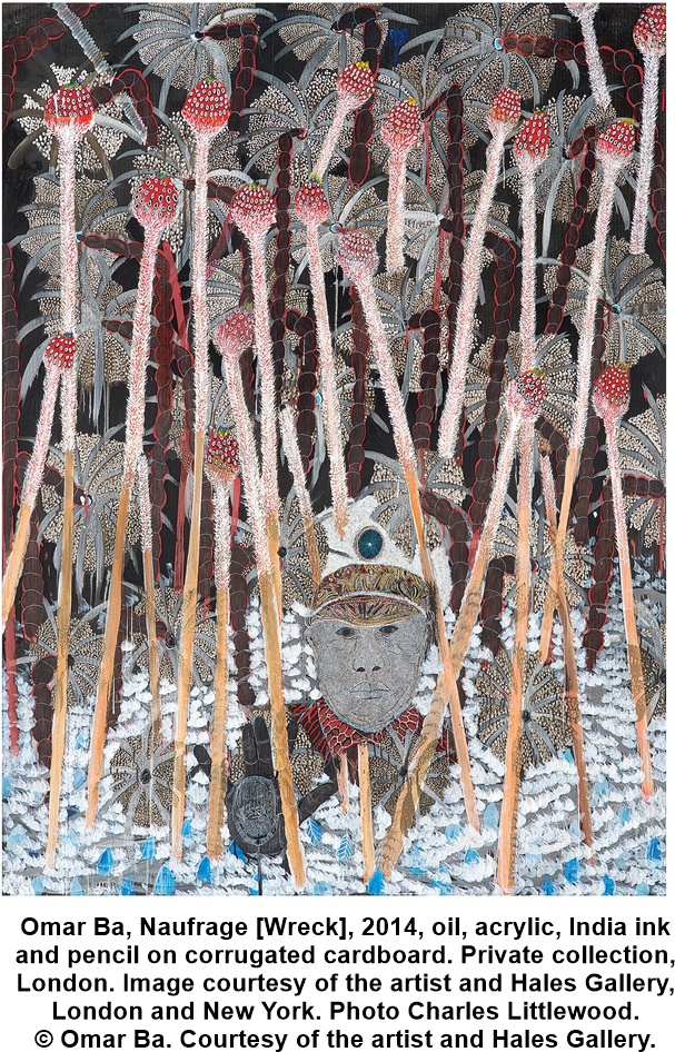 Omar Ba (born in 1977), Naufrage [Wreck], 2014, oil, acrylic, India ink and pencil on corrugated cardboard. Private collection, London. Image courtesy of the artist and Hales Gallery, London and New York. Photo Charles Littlewood. © Omar Ba. Courtesy of the artist and Hales Gallery.
