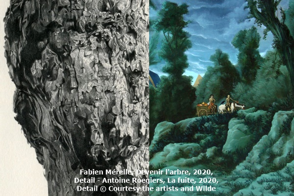 Fabien Mérelle, Devenir l'arbre, 2020, Detail - Antoine Roegiers, La fuite, 2020, Detail © Courtesy the artists and Wilde