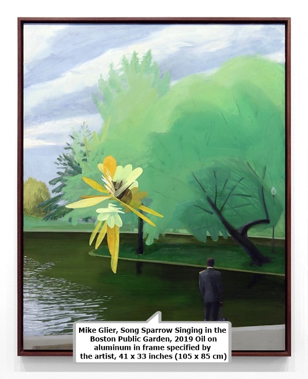 Mike Glier, Song Sparrow Singing in the Boston Public Garden, 2019
Oil on aluminum in frame specified by the artist, 41 x 33 inches (105 x 85 cm)