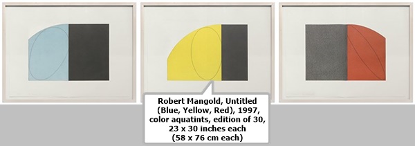 click to enlarge- double click to reduce Robert Mangold, Untitled (Blue, Yellow, Red), 1997, color aquatints, edition of 30, 23 x 30 inches each (58 x 76 cm each)