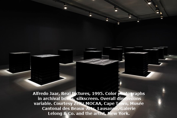 click to enlarge- double click to reduce Alfredo Jaar, Real Pictures, 1995. Color photographs in archival boxes, silkscreen. Overall dimensions variable. Courtesy Zeitz MOCAA, Cape Town, Musée Cantonal des Beaux-Arts, Lausanne, Galerie Lelong & Co. and the artist, New York.