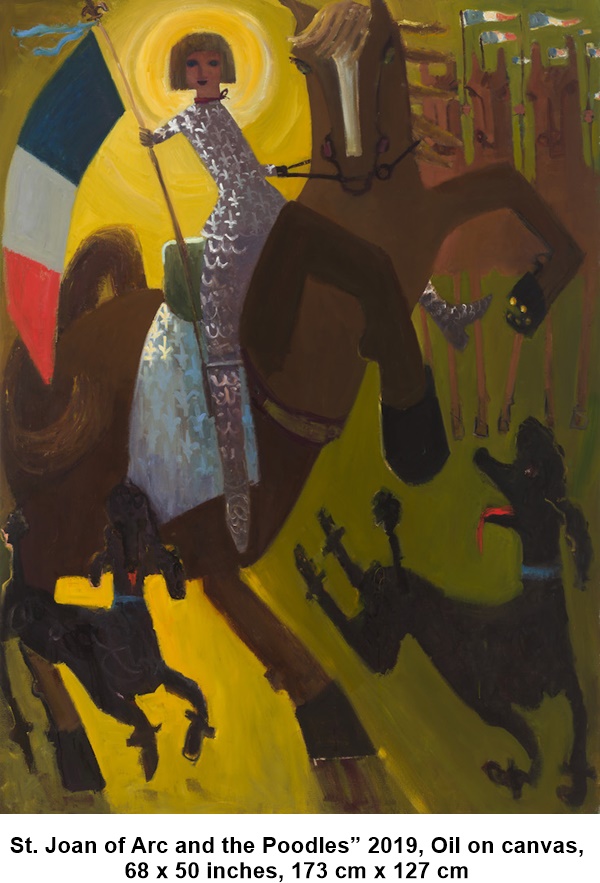 Kyle Staver, St. Joan of Arc and the Poodles” 2019, Oil on canvas, 68 x 50 inches, 173 cm x 127 cm